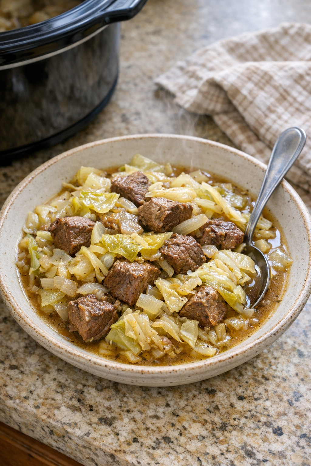 Finished beef and cabbage served in a rustic bowl