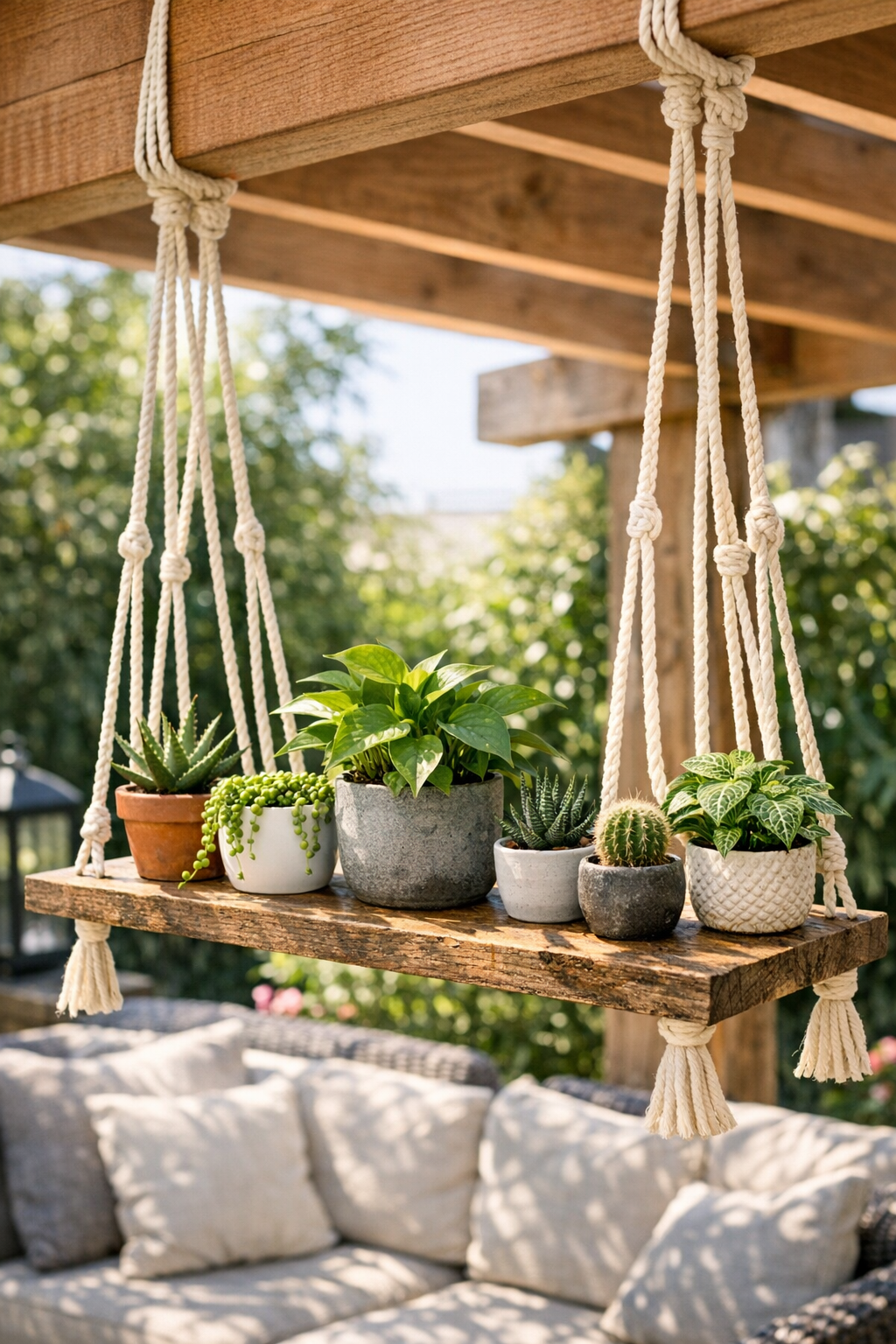 Finished floating plant shelf hanging from a cedar pergola beam