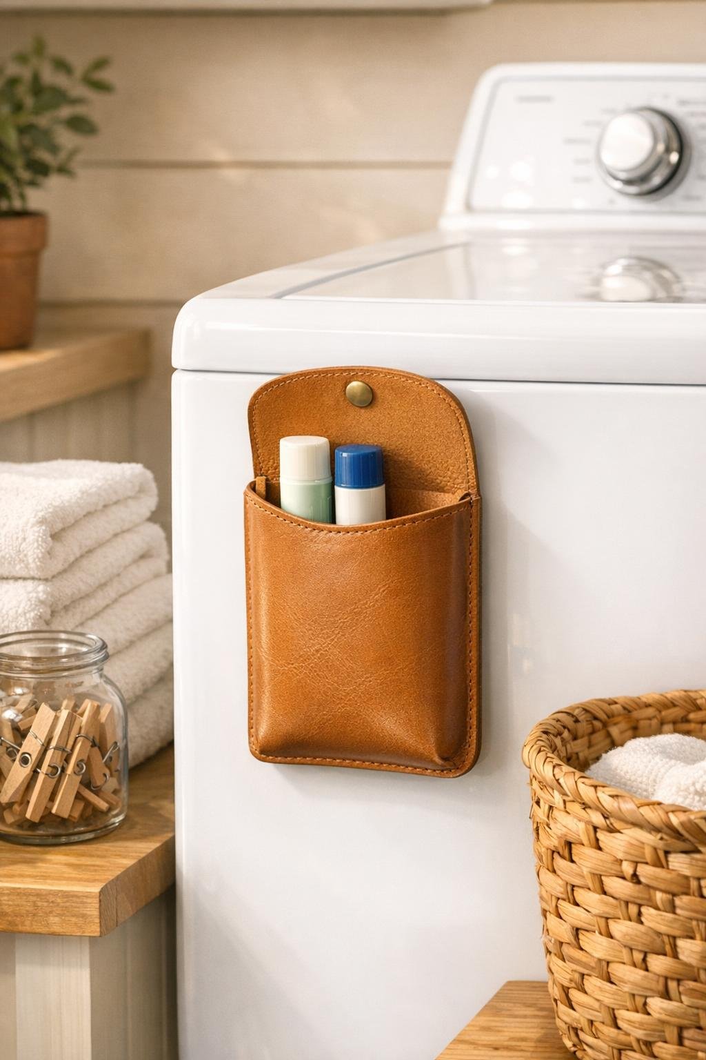 Finished magnetic stain stick holder made from a tan leather eyeglass case on a washer
