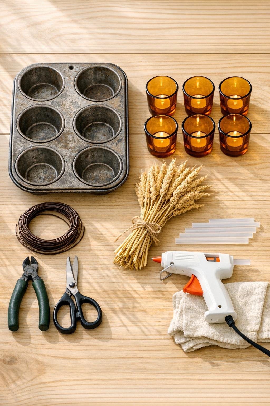 Materials for an autumn centerpiece tray laid out neatly