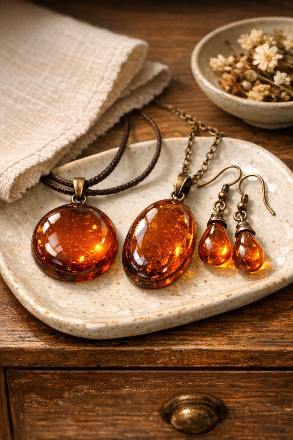 Finished faux amber pendants made from melted amber glue sticks styled as handmade jewelry