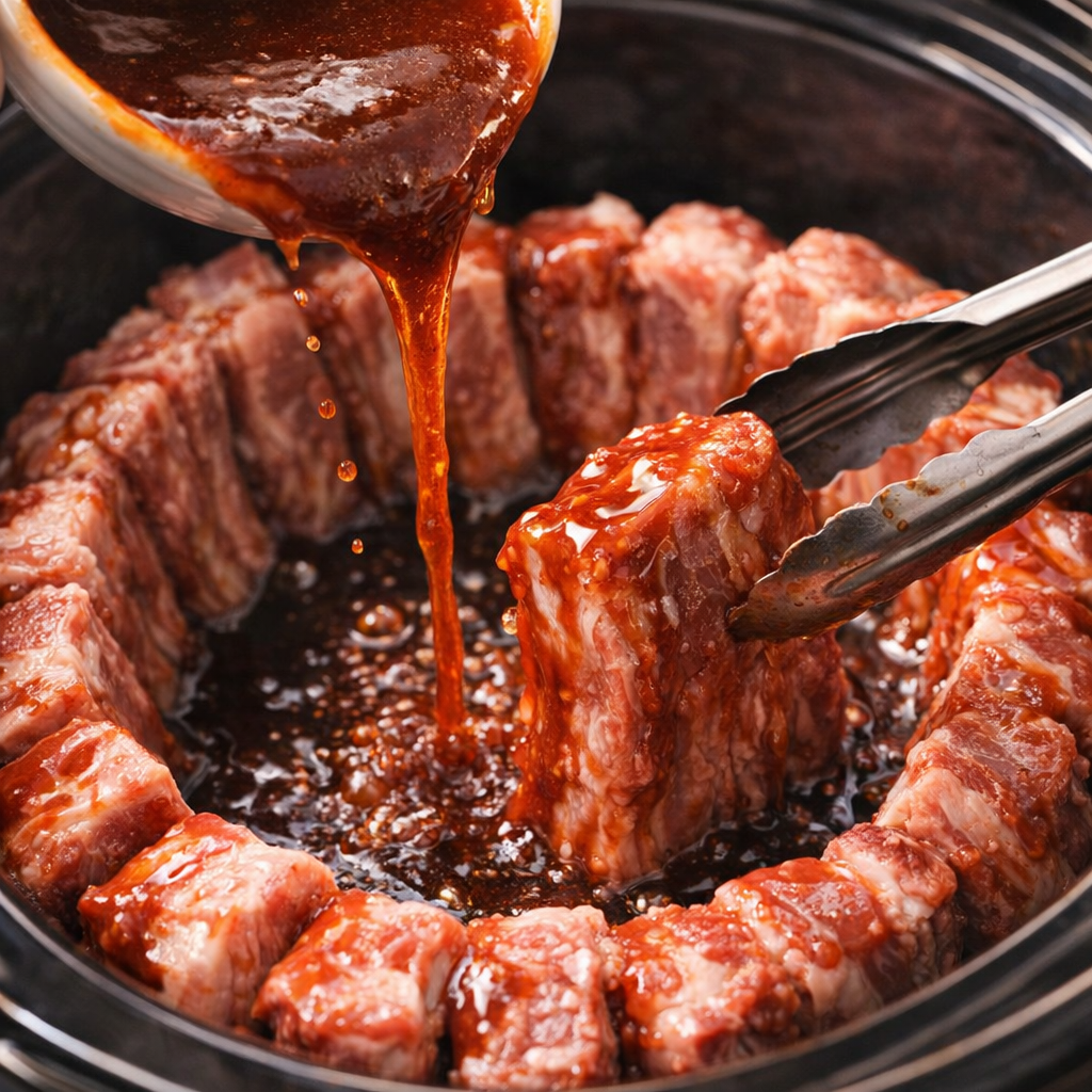 Barbecue sauce and cola being poured over ribs