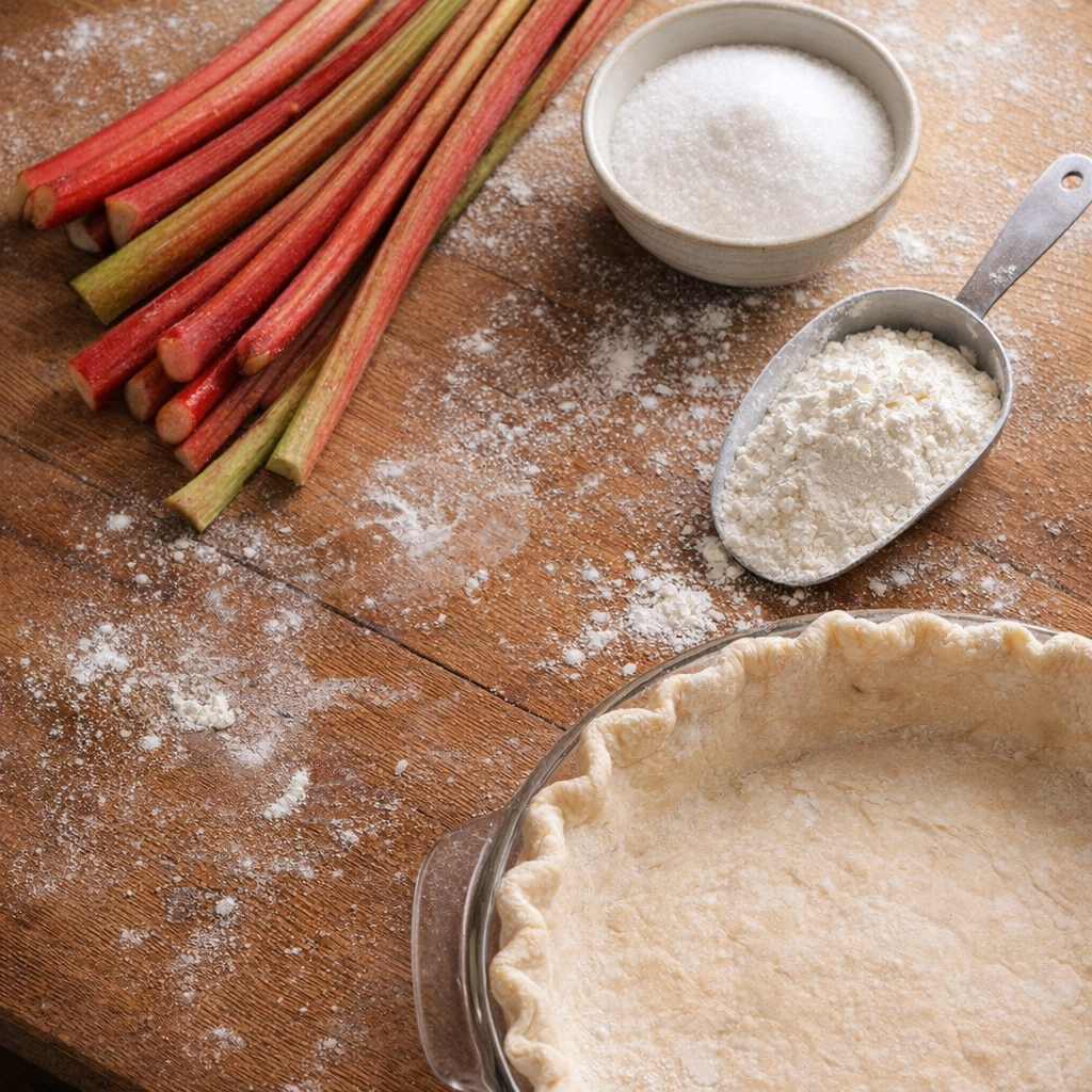 Fresh rhubarb and pie ingredients on a farmhouse counter