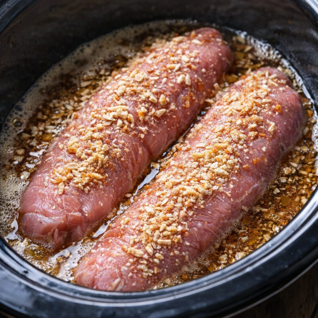 Raw pork tenderloins in a slow cooker with onion soup mix and golden ale just added