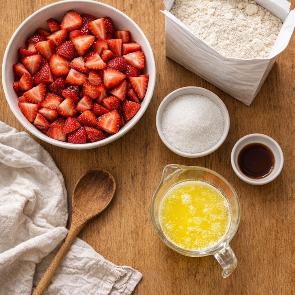 Sliced strawberries and baking ingredients arranged on a kitchen counter