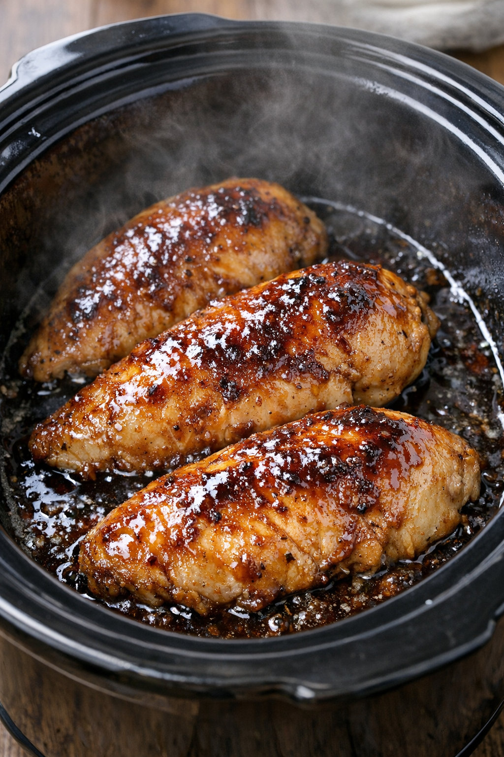Cooked brown sugar chicken in the slow cooker with glossy sauce