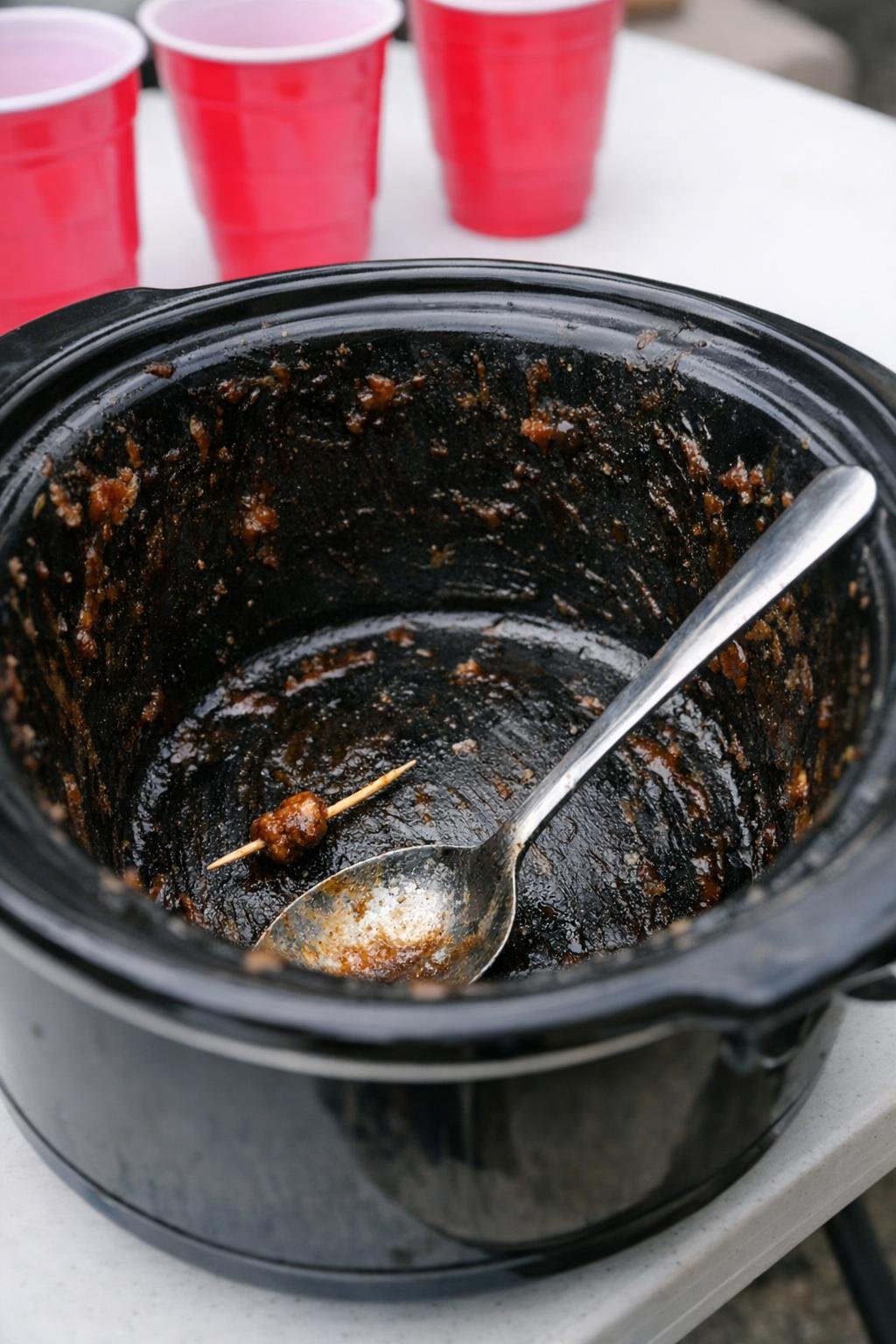 Black slow cooker crock scraped nearly clean on a folding table