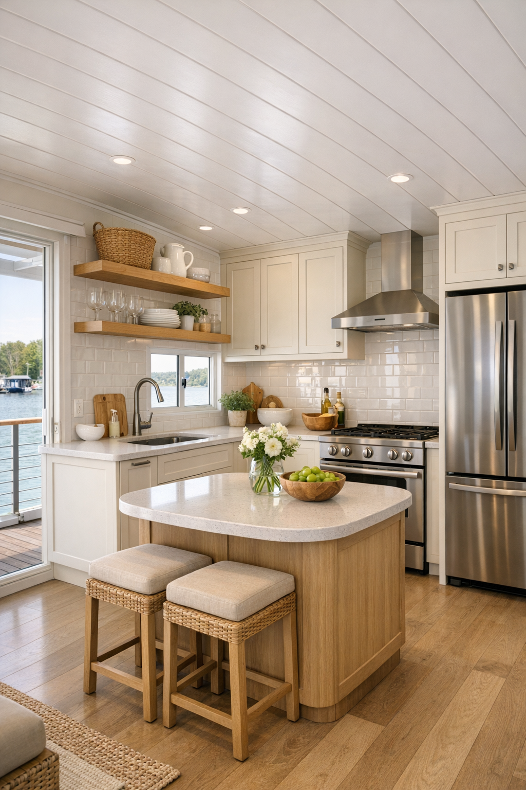 Accessible cottage kitchen with creamy cabinetry, pale counters, and soft lakehouse light