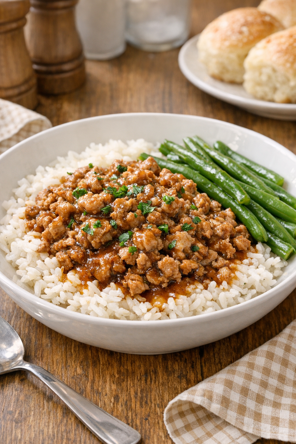 Finished slow cooker ground pork served over rice