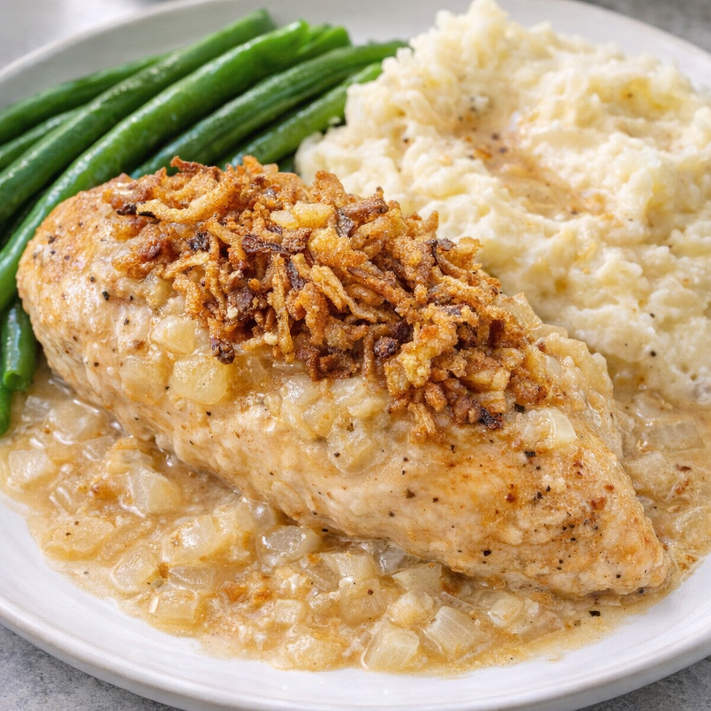 Plated French onion chicken with creamy onion sauce, mashed potatoes, and green beans