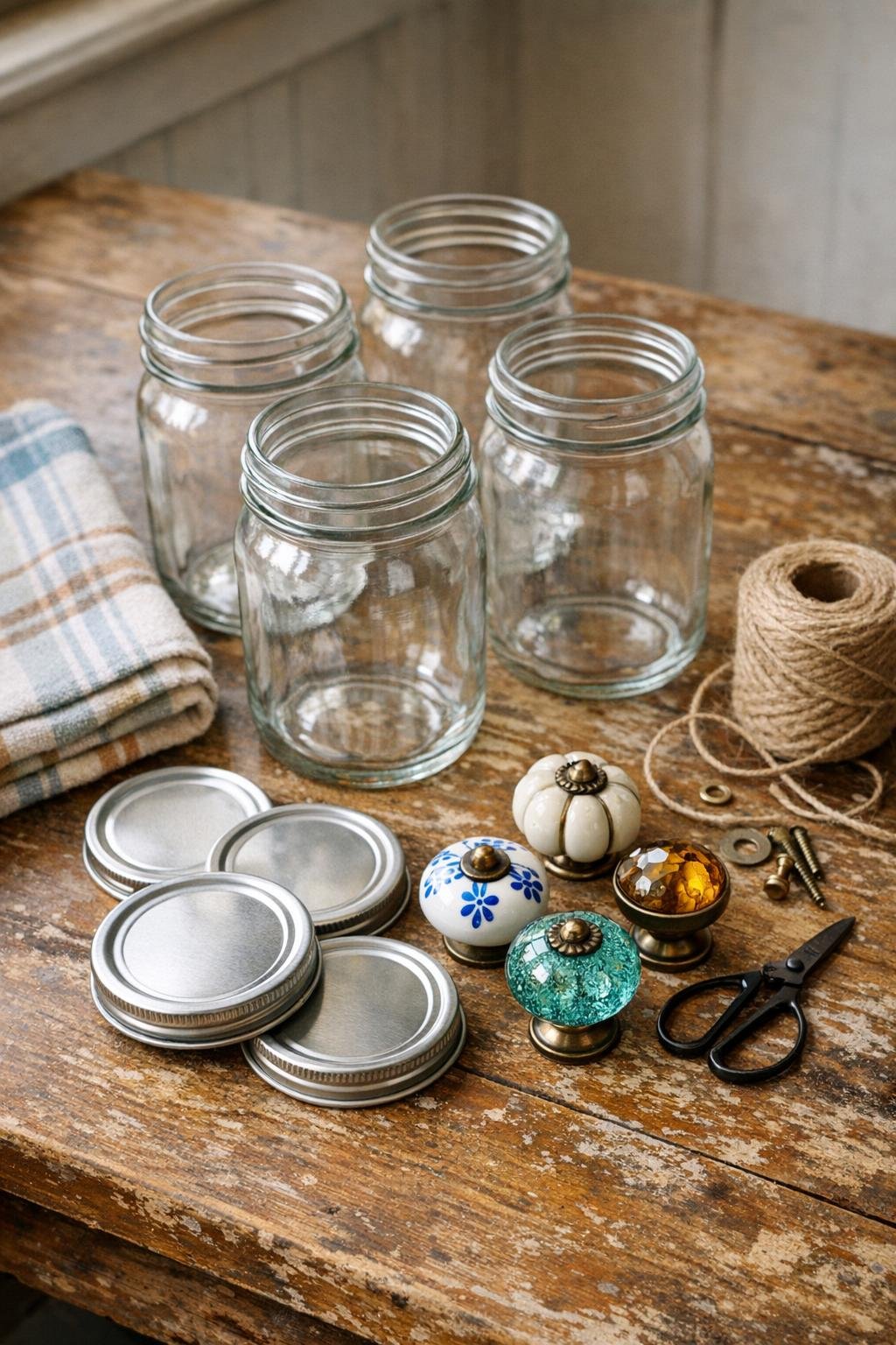 Old glass mayo jars and knobs arranged for a DIY apothecary jar project