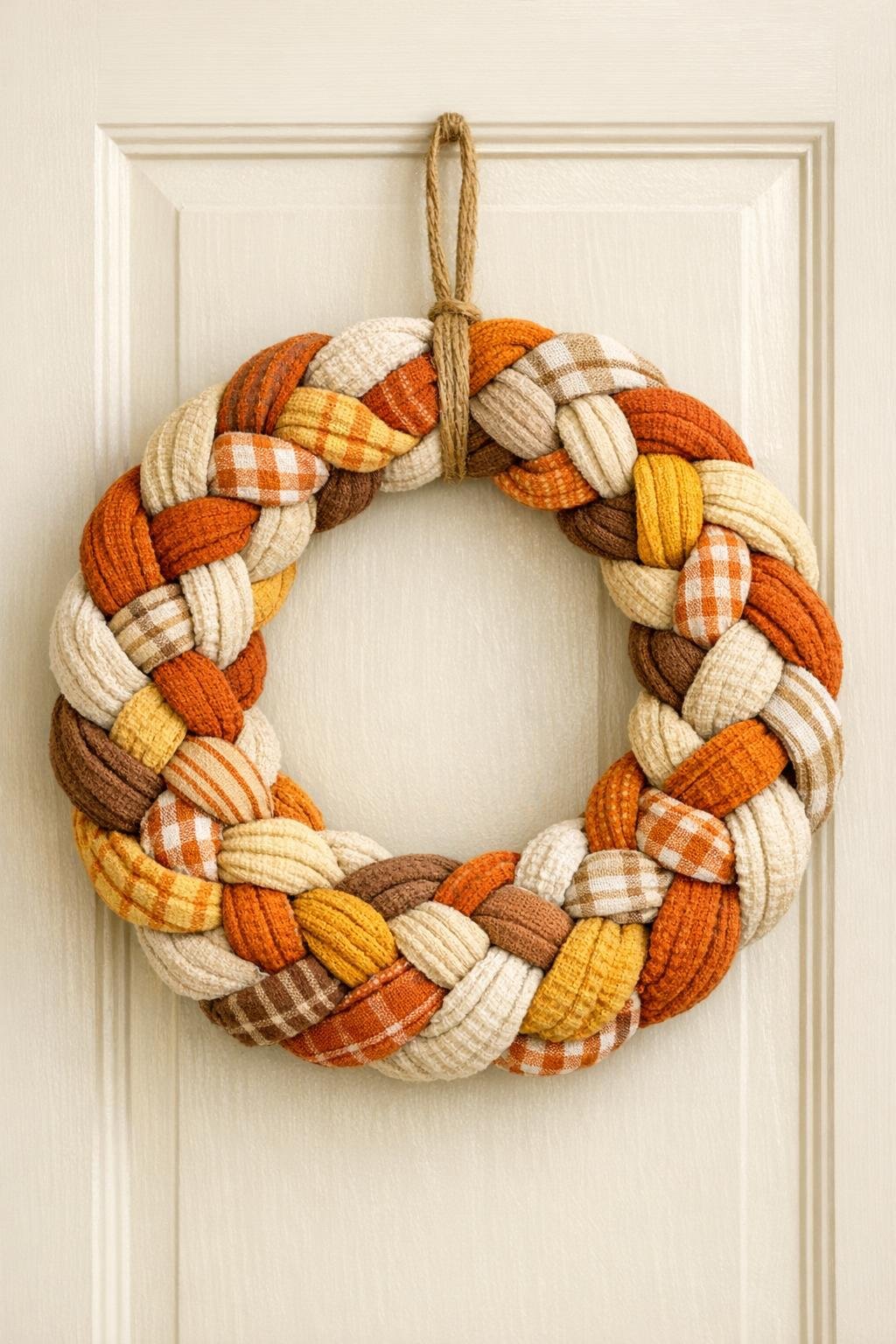 Finished braided harvest wreath made from old dish towels