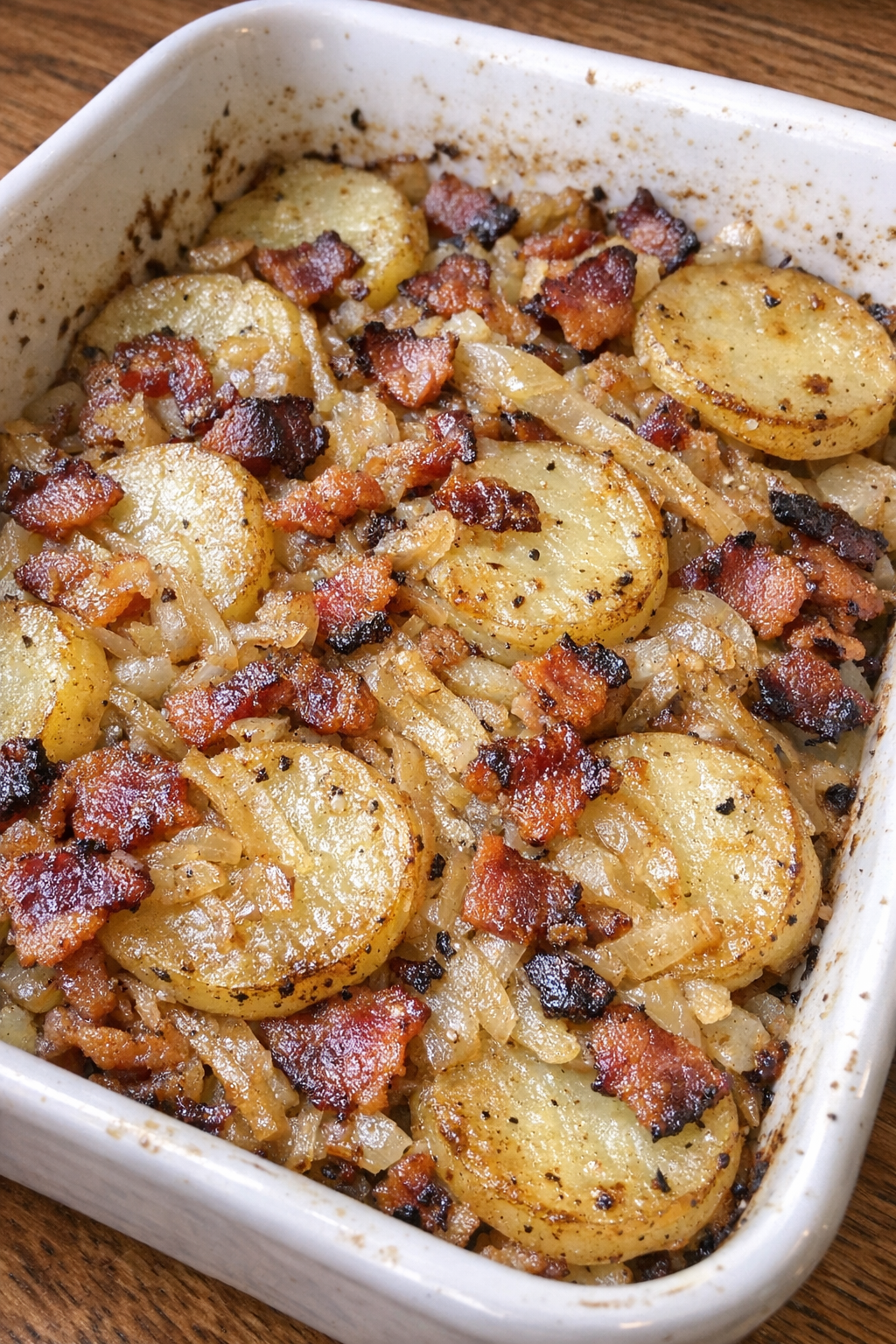 Baked potato berrichonne in white baking dish