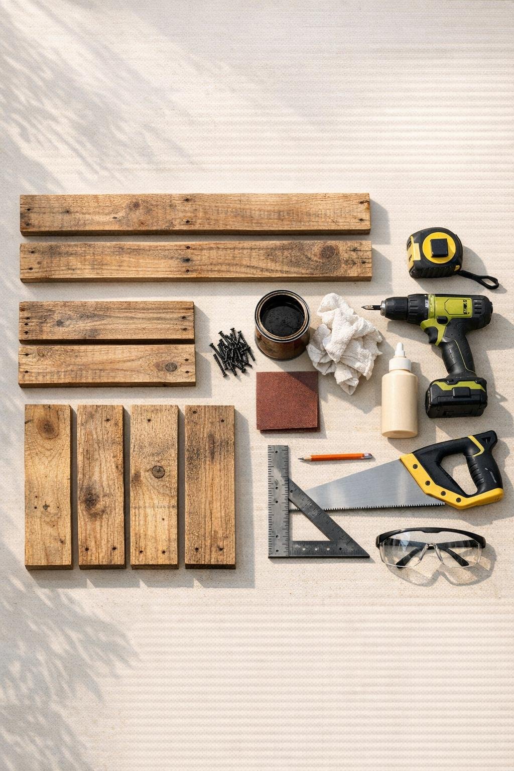 Pallet boards, screws, sandpaper, stain, and basic tools laid out for a ladder shelf project
