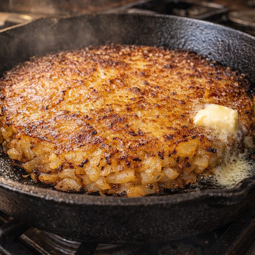 Leftover potato bake crisping in a skillet