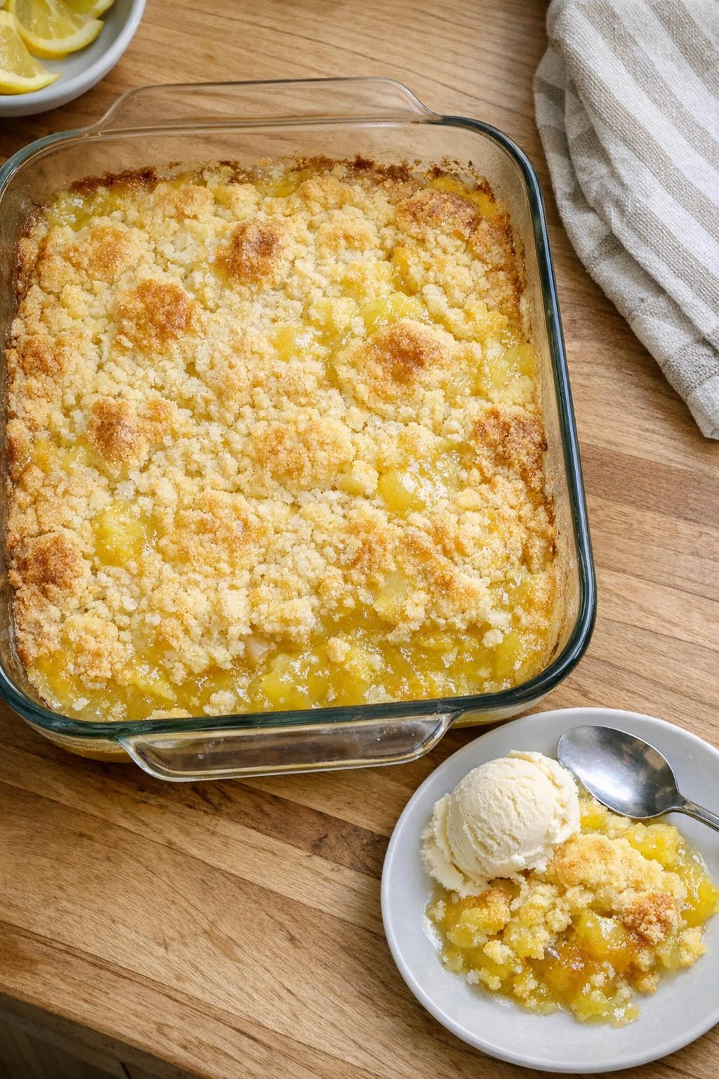 Finished lemon dump cake in a glass baking dish