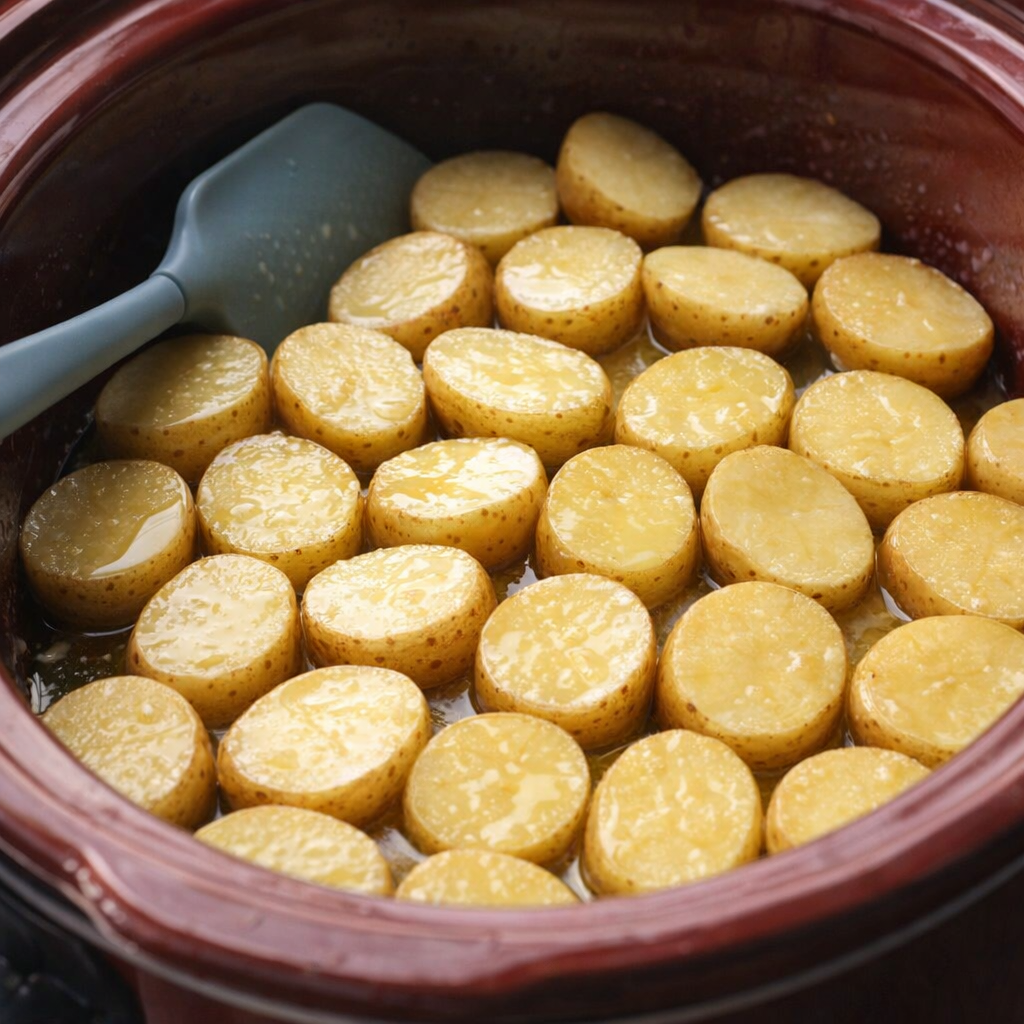 Potatoes arranged cut-side down in the slow cooker