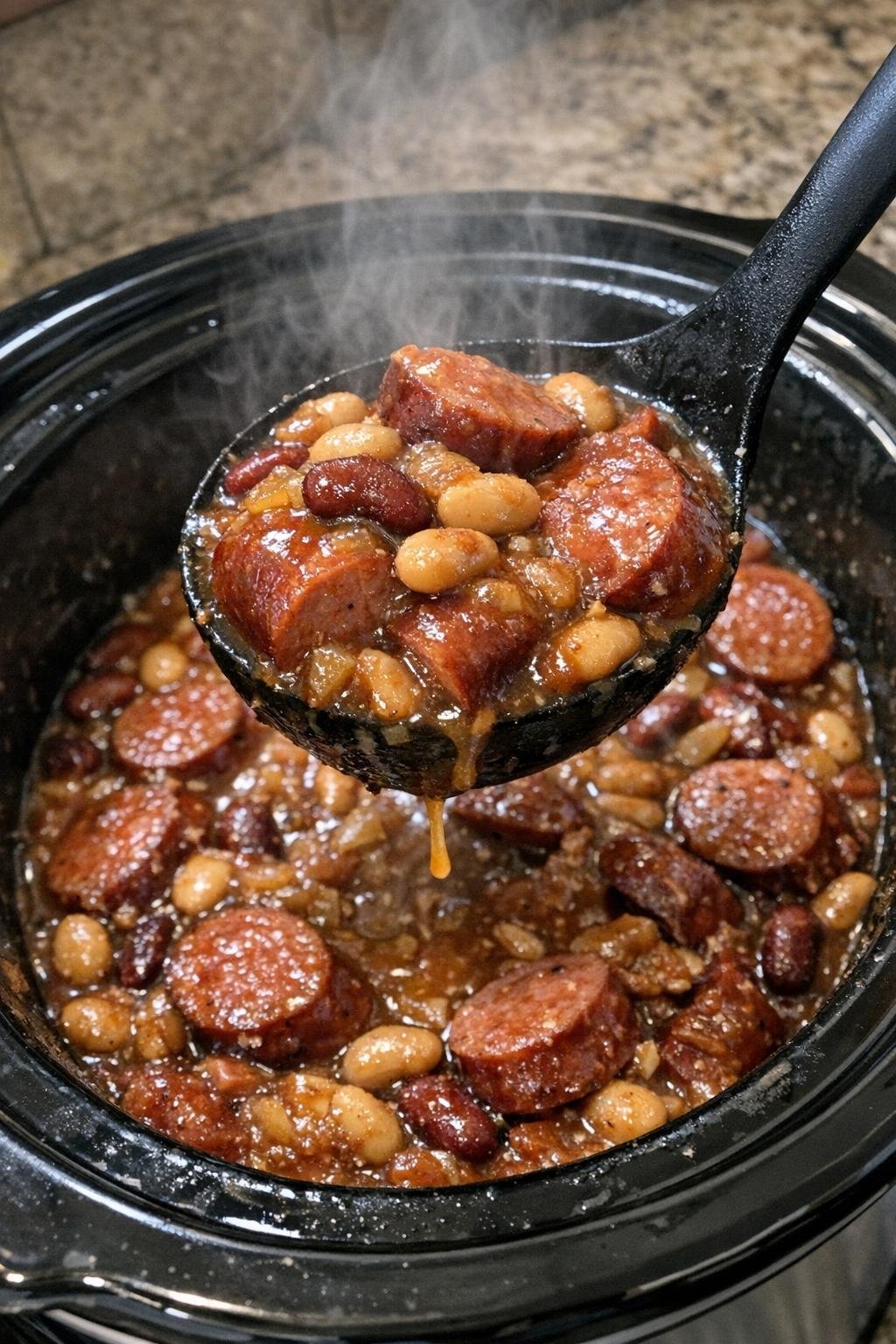 Smoked sausage and beans in a slow cooker