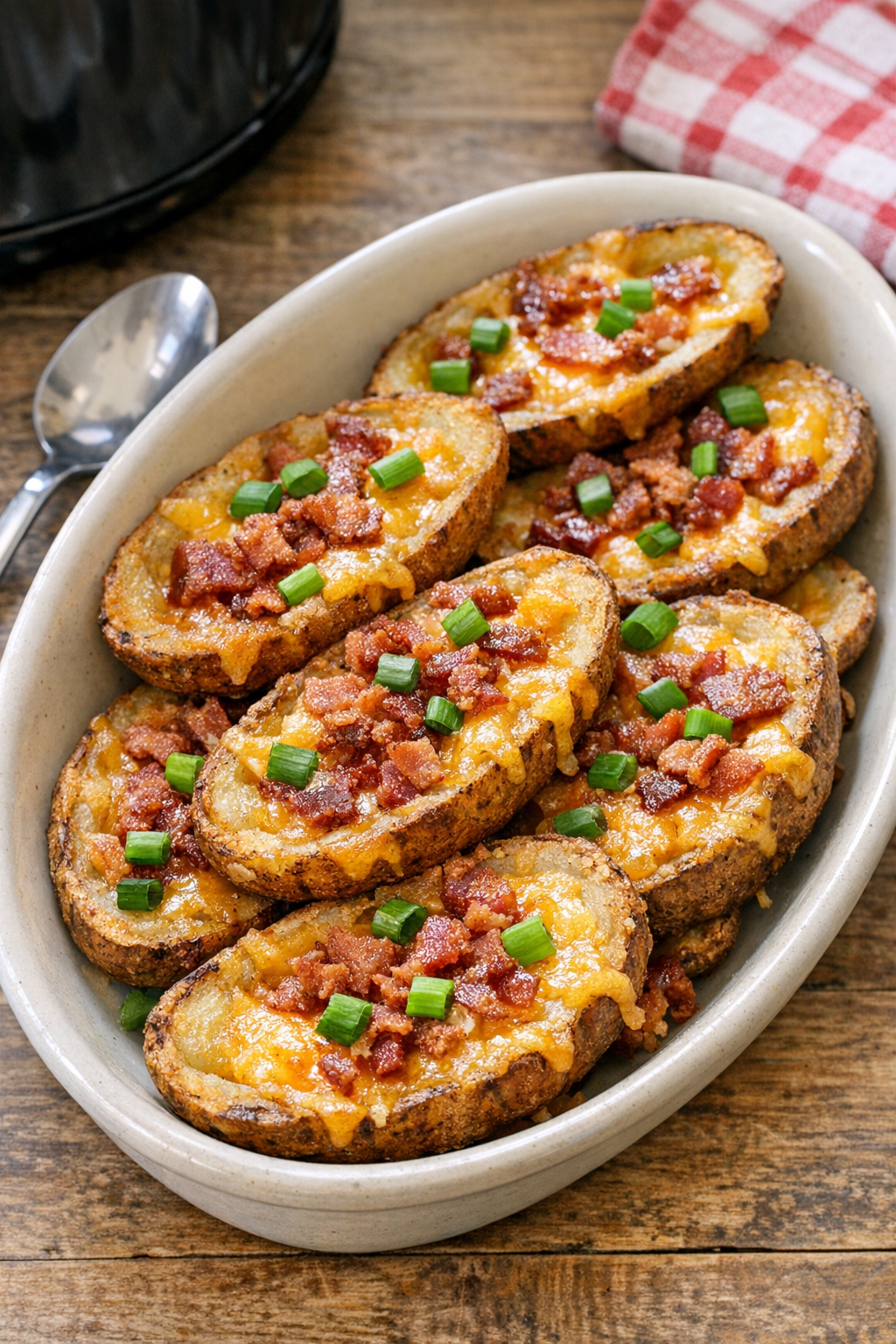 Finished slow cooker potato skins plated for serving