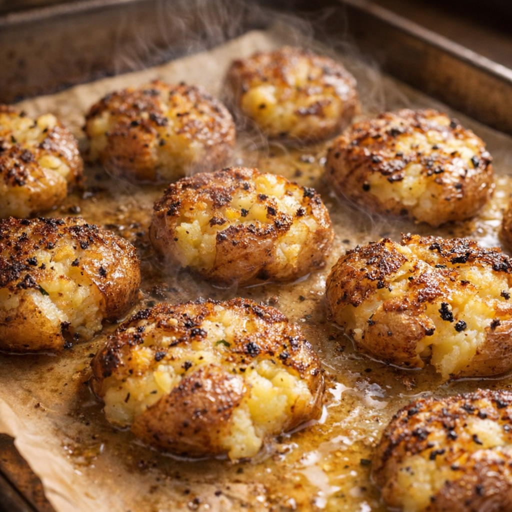 Freshly roasted smashed potatoes on a baking sheet