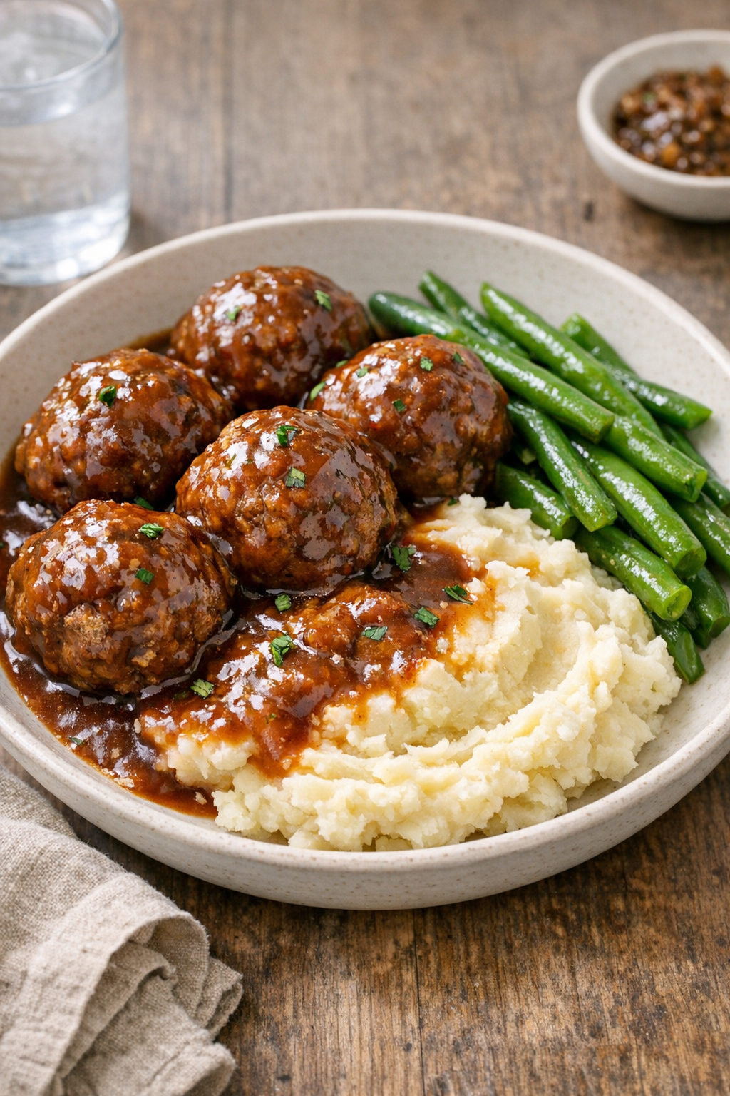 Finished slow cooker beef meatballs plated with sauce
