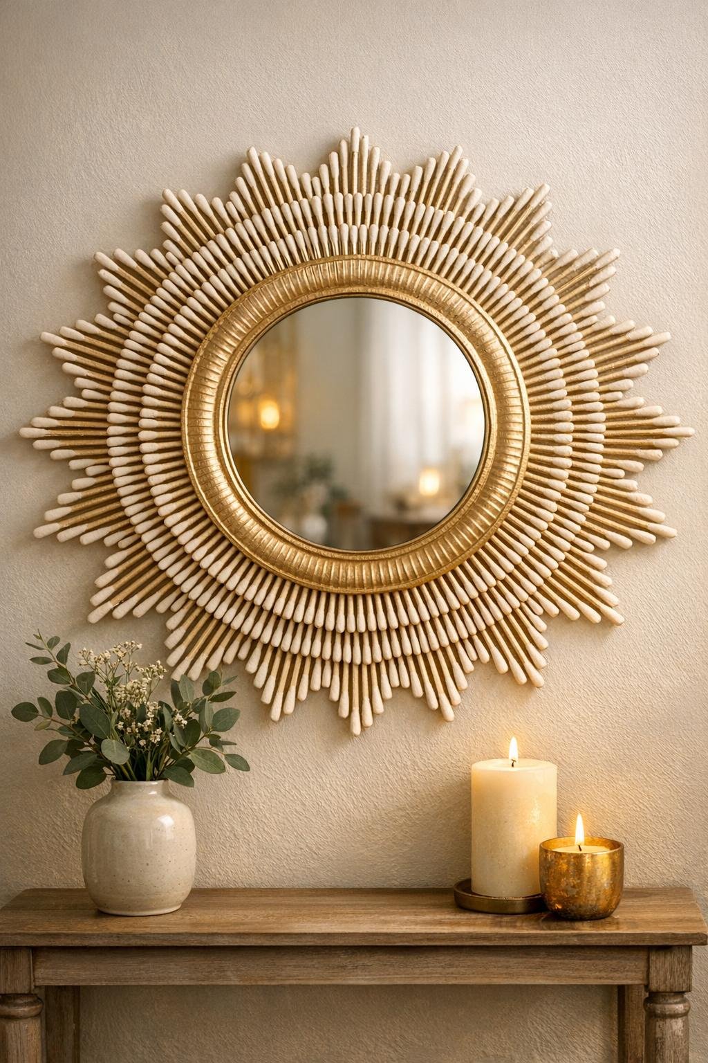 Finished cotton swab sunburst mirror frame displayed on a wall above a console table