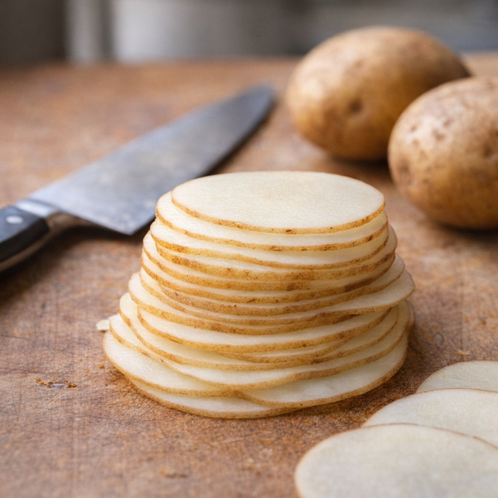 Thin potato slices being cut on a kitchen board