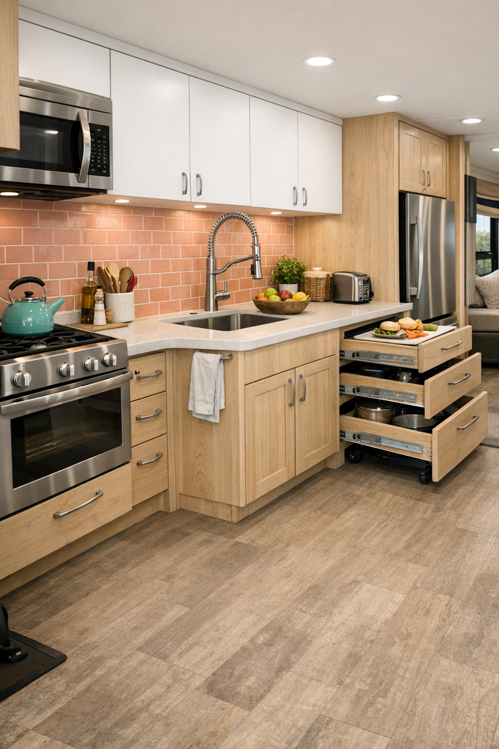 Bright accessible RV kitchen with pale wood cabinets, white surfaces, and soft coral backsplash