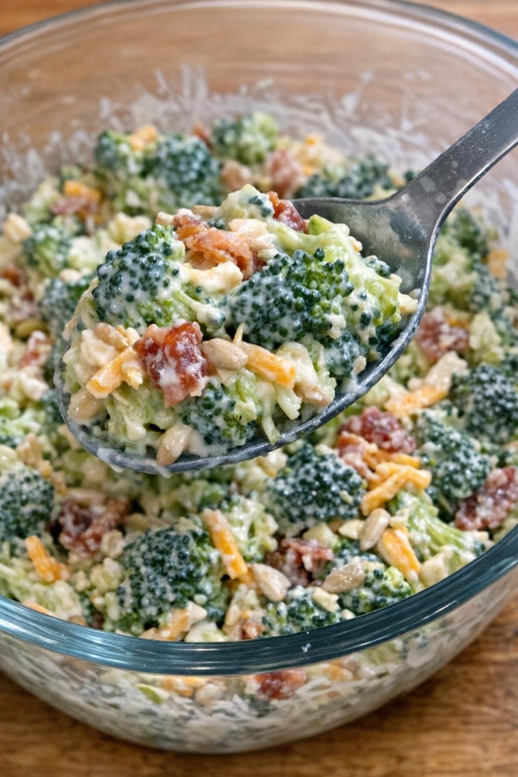 Broccoli Vance salad in a glass bowl with a spoon lifting a creamy scoop