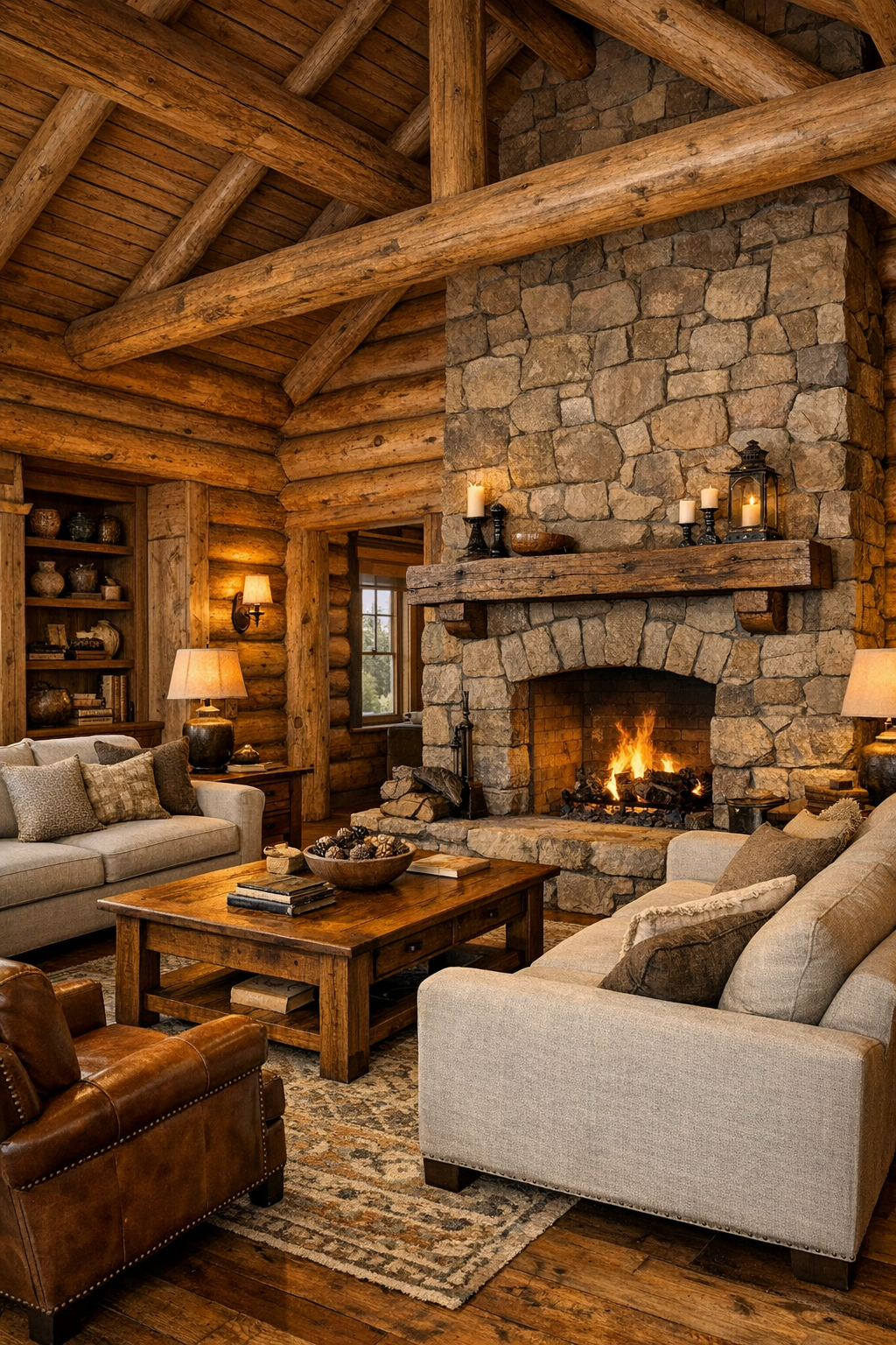 Living room with toffee-toned log walls, stone fireplace, and Amish-crafted wood furniture