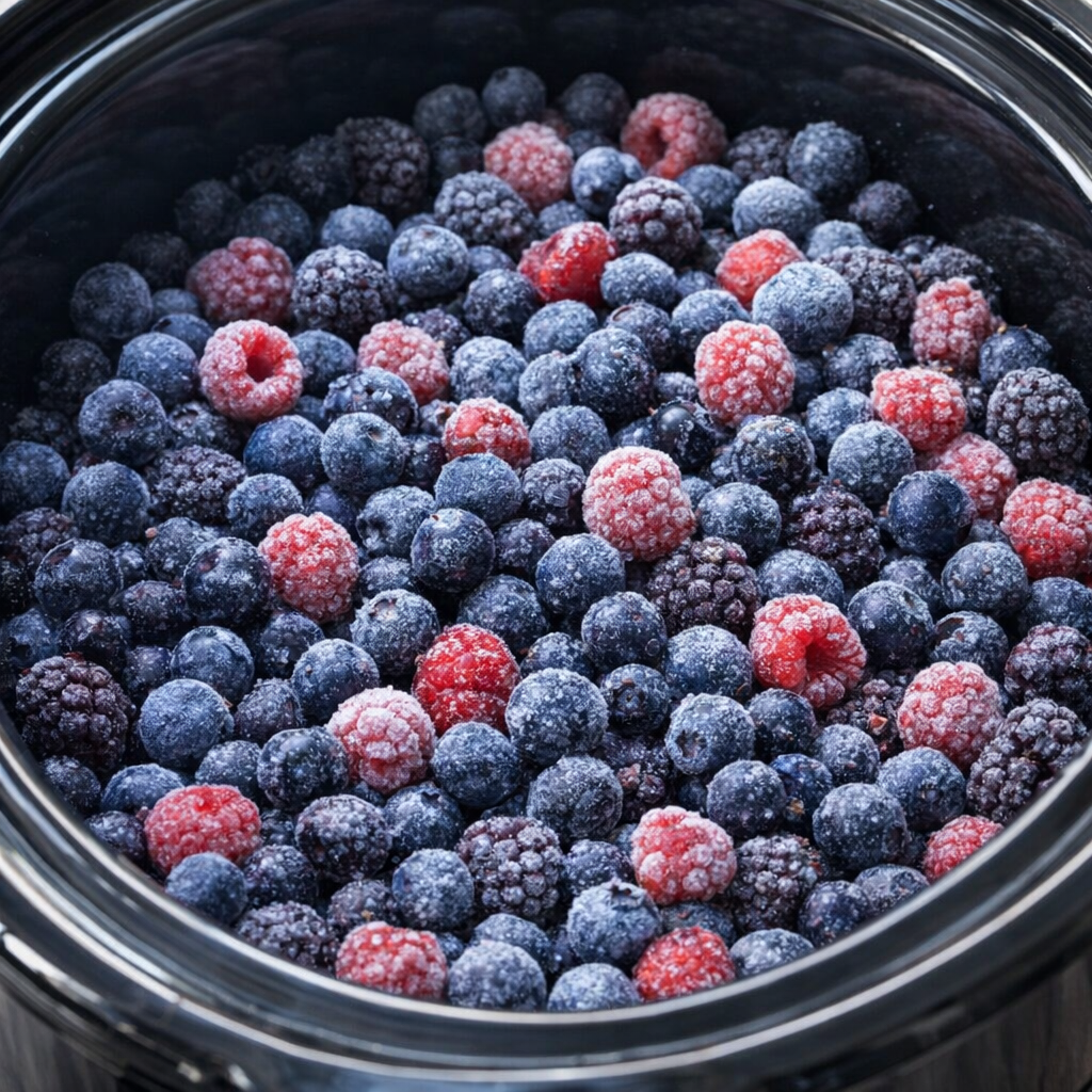 Frozen berries layered in the slow cooker