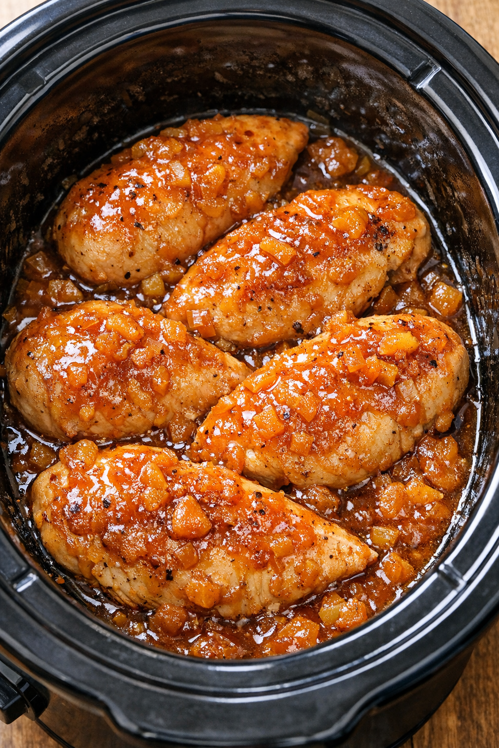 Cooked apricot chicken in sticky glaze