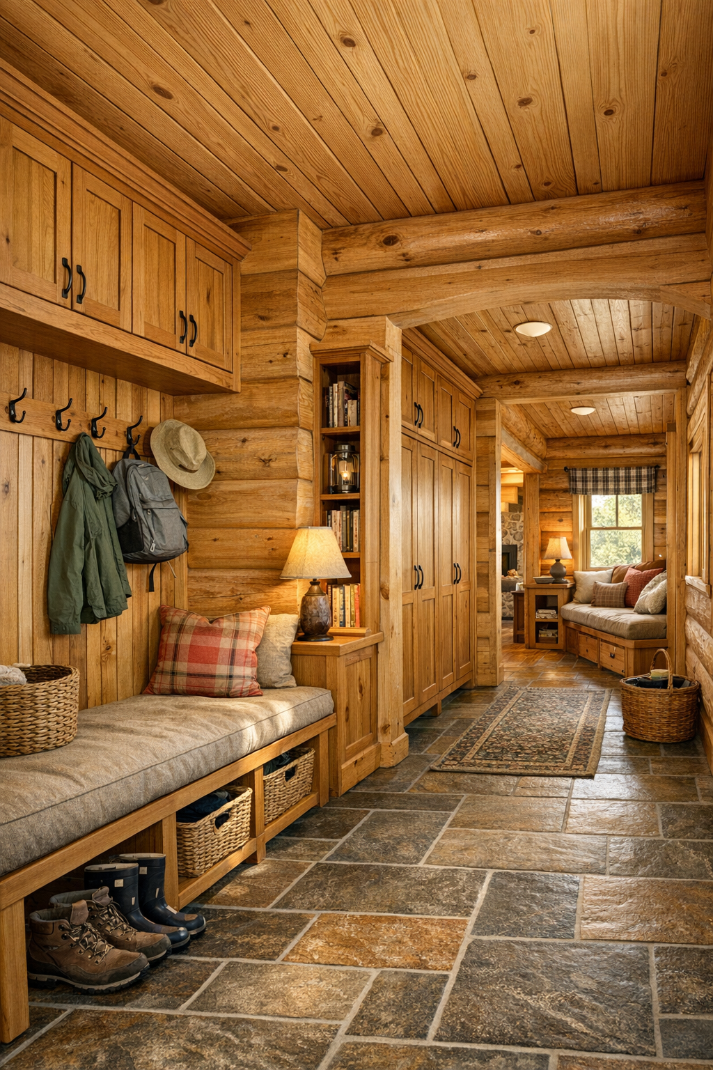 Well-crafted mudroom and hallway with built-ins in a warm single-level log home