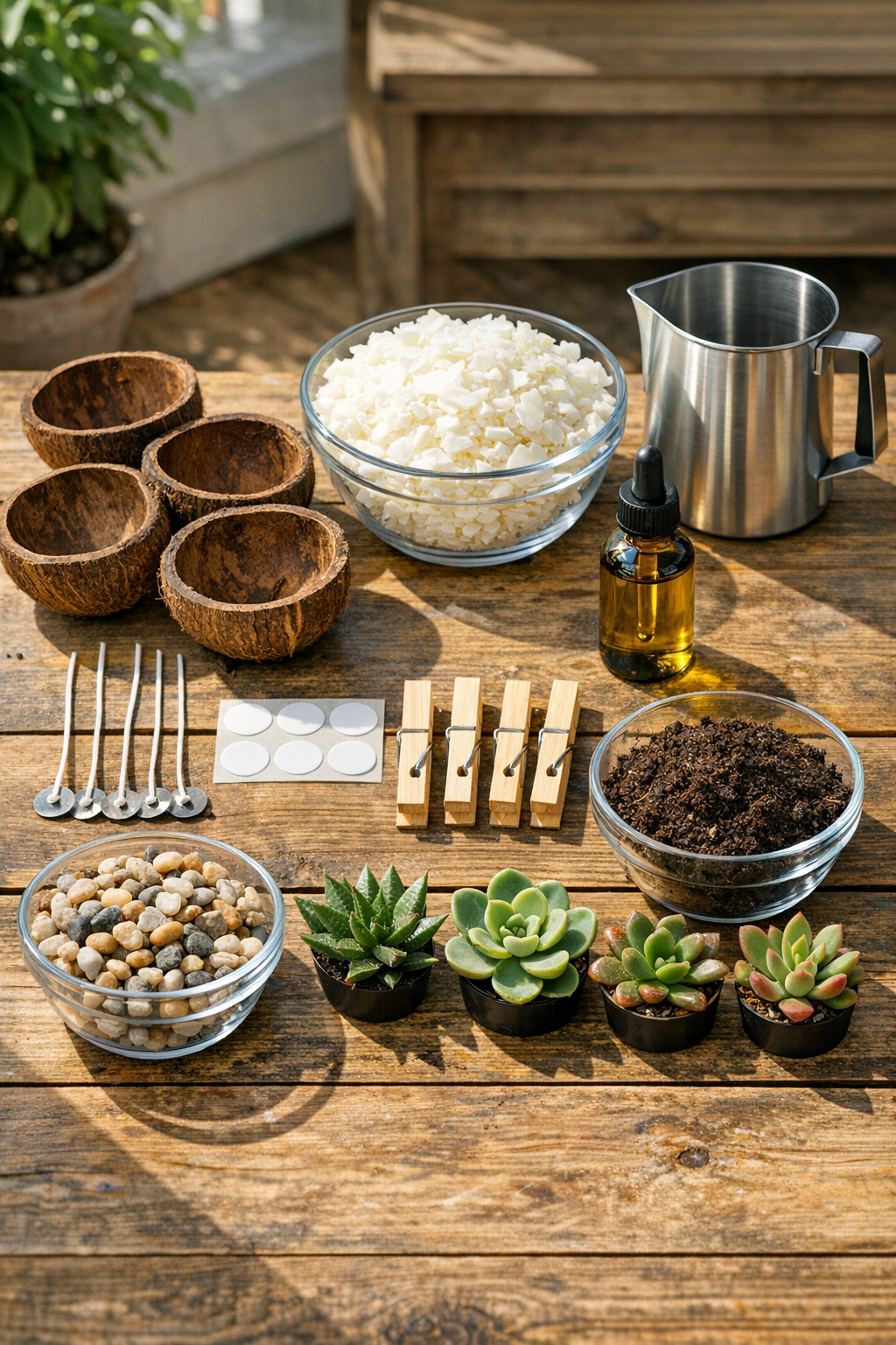Materials for citronella candle planters laid out on a table