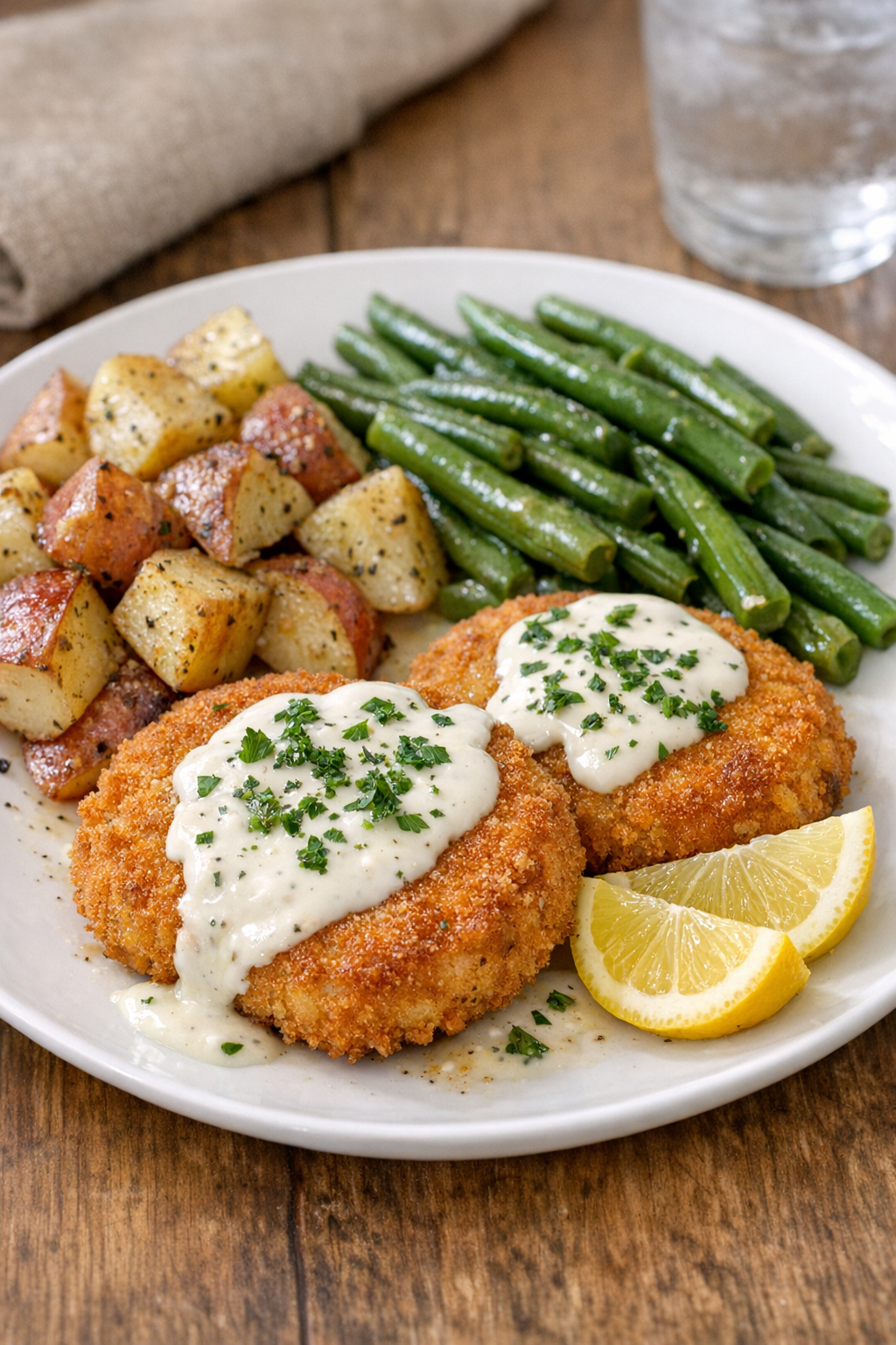 Finished plated slow cooker fish patties with sauce