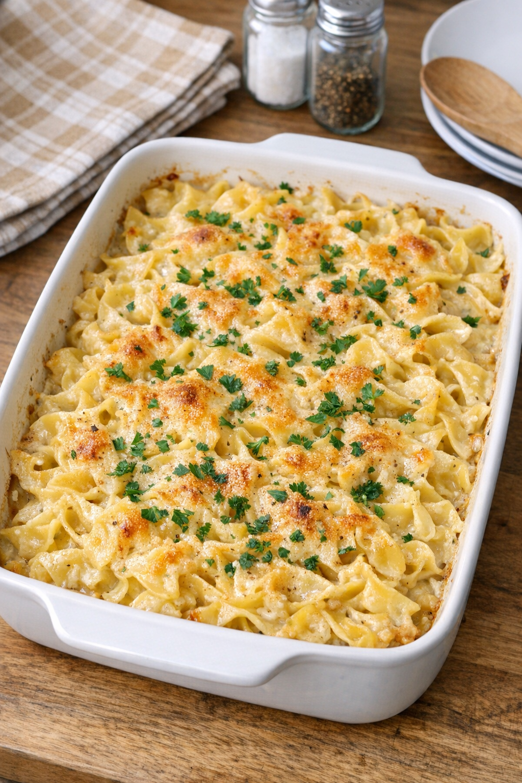Finished baked roasted garlic cream noodles in a casserole dish