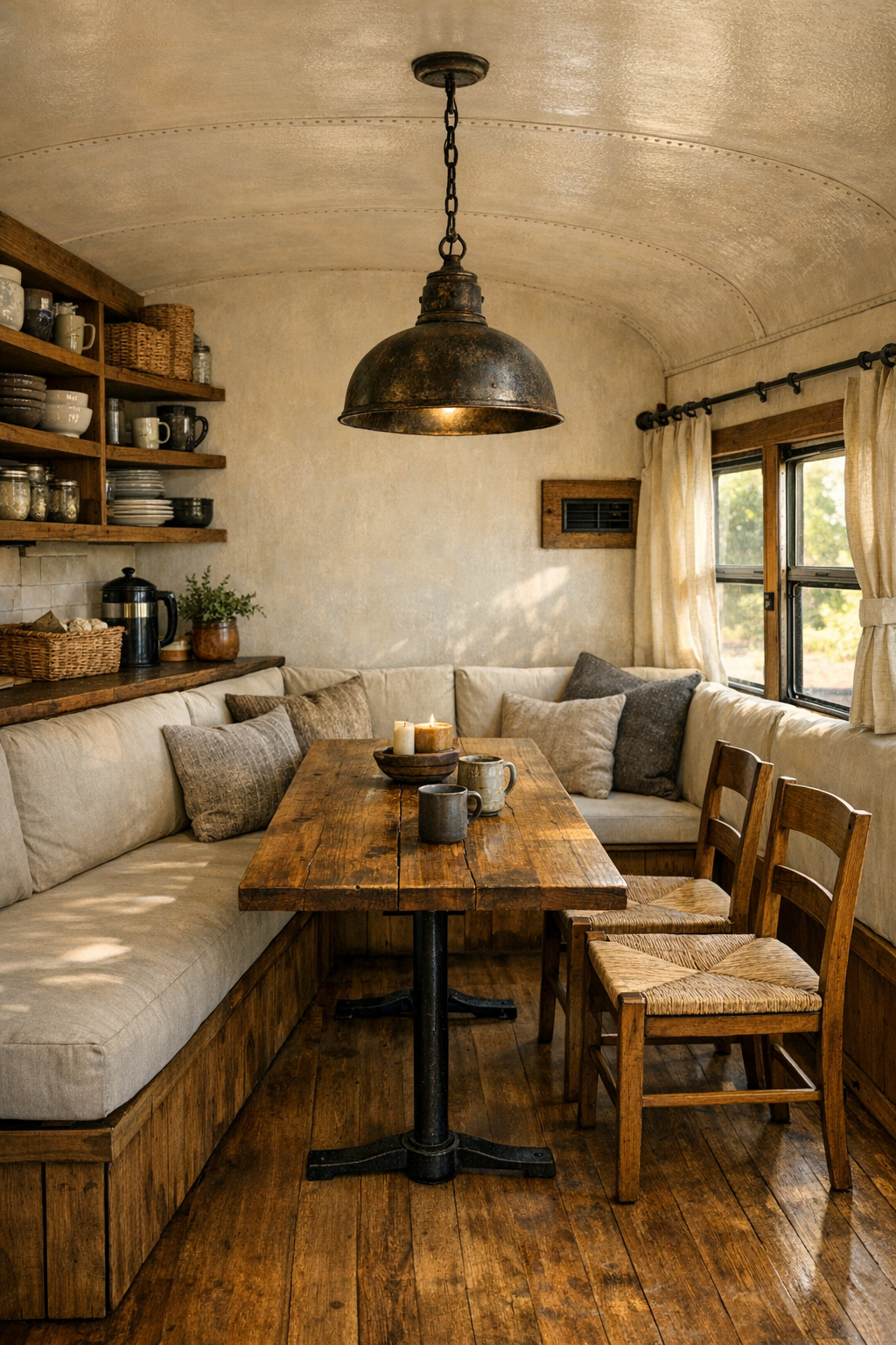 Compact dining area inside a converted bus with banquette seating and wood table