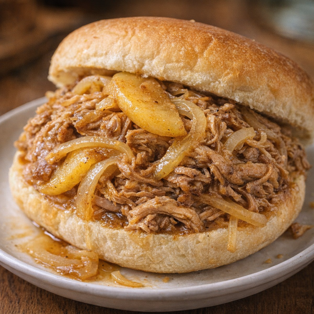 Leftover apple onion pork served on a sandwich roll