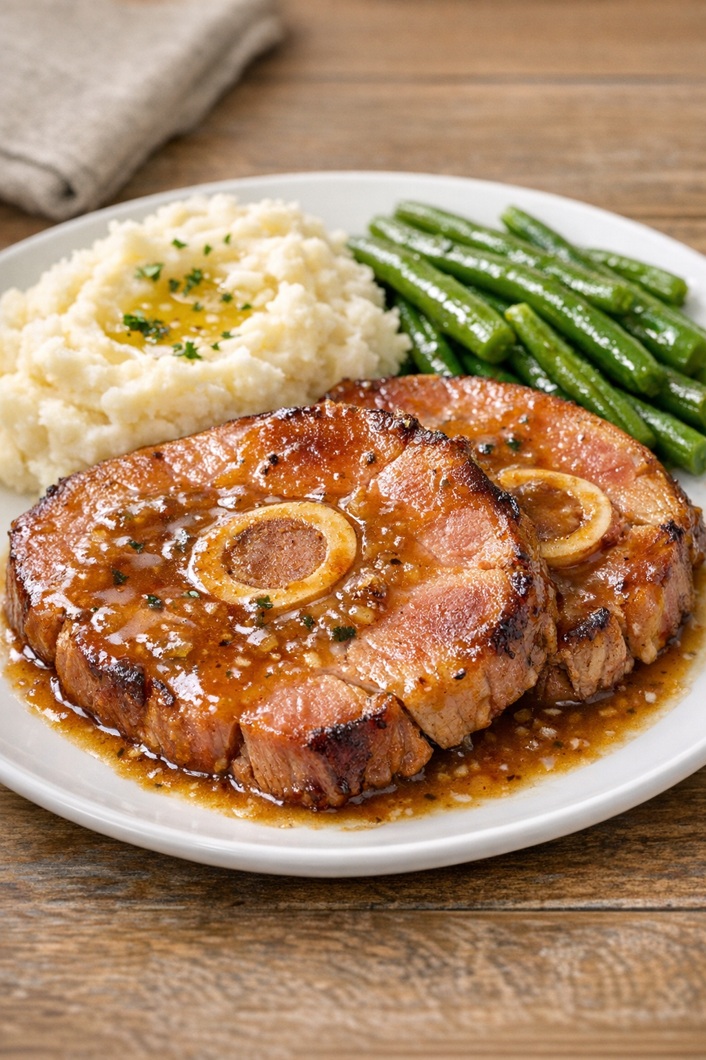 Finished slow cooker bone-in ham steaks plated with glossy sauce