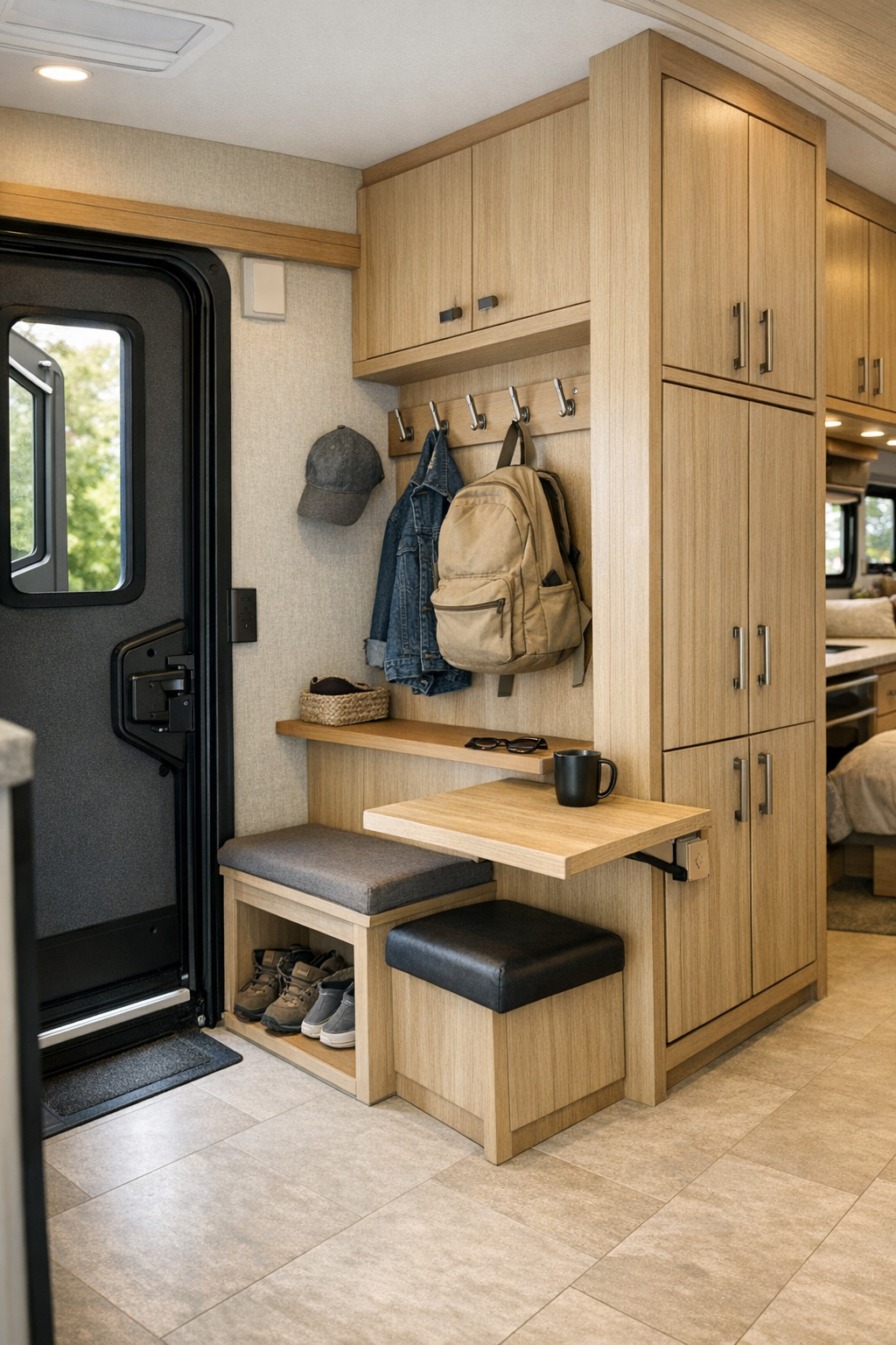 RV entry and utility area with built-in storage and flexible work surface
