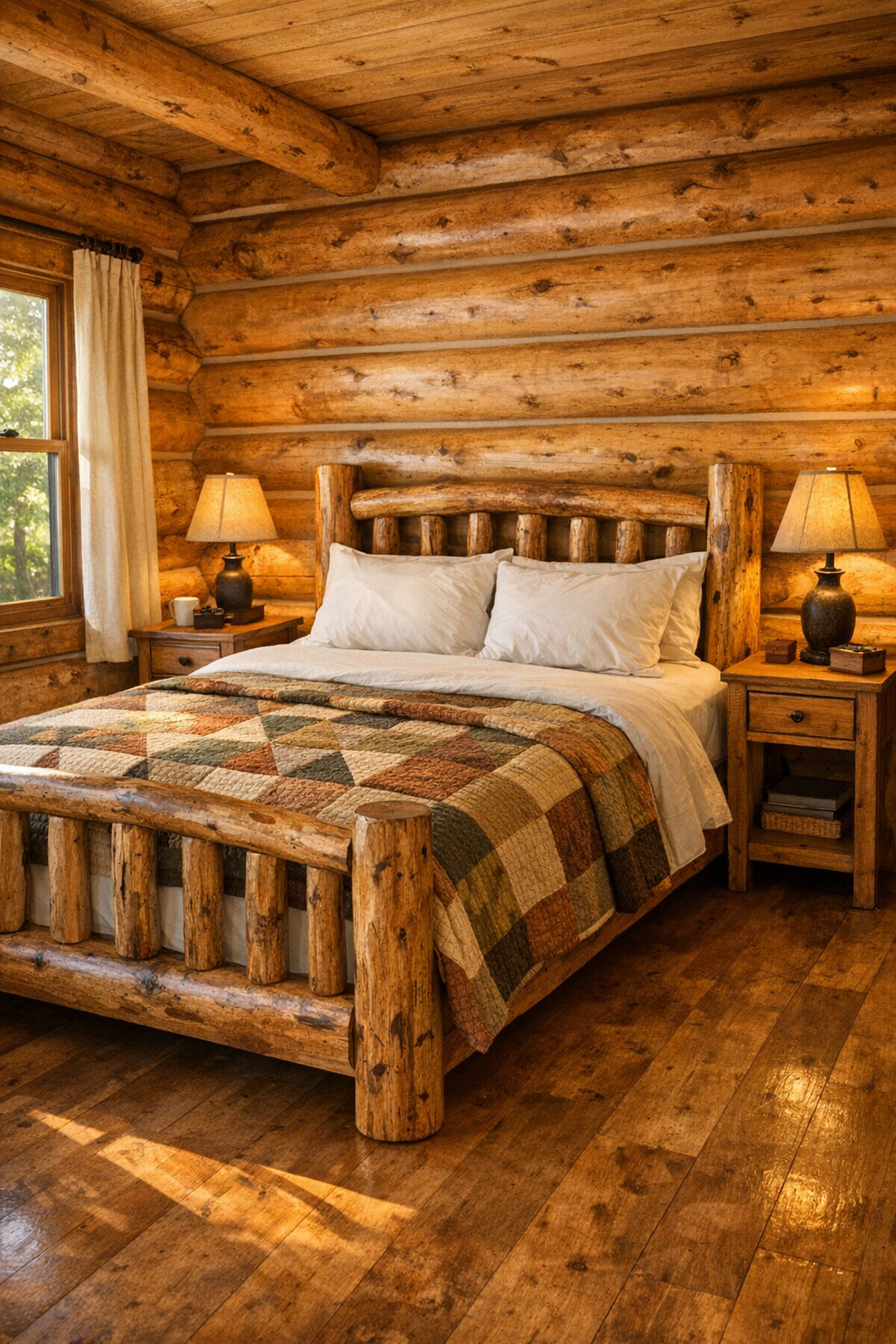 Bedroom with handcrafted wood bed, white bedding, and soft earth-tone textiles