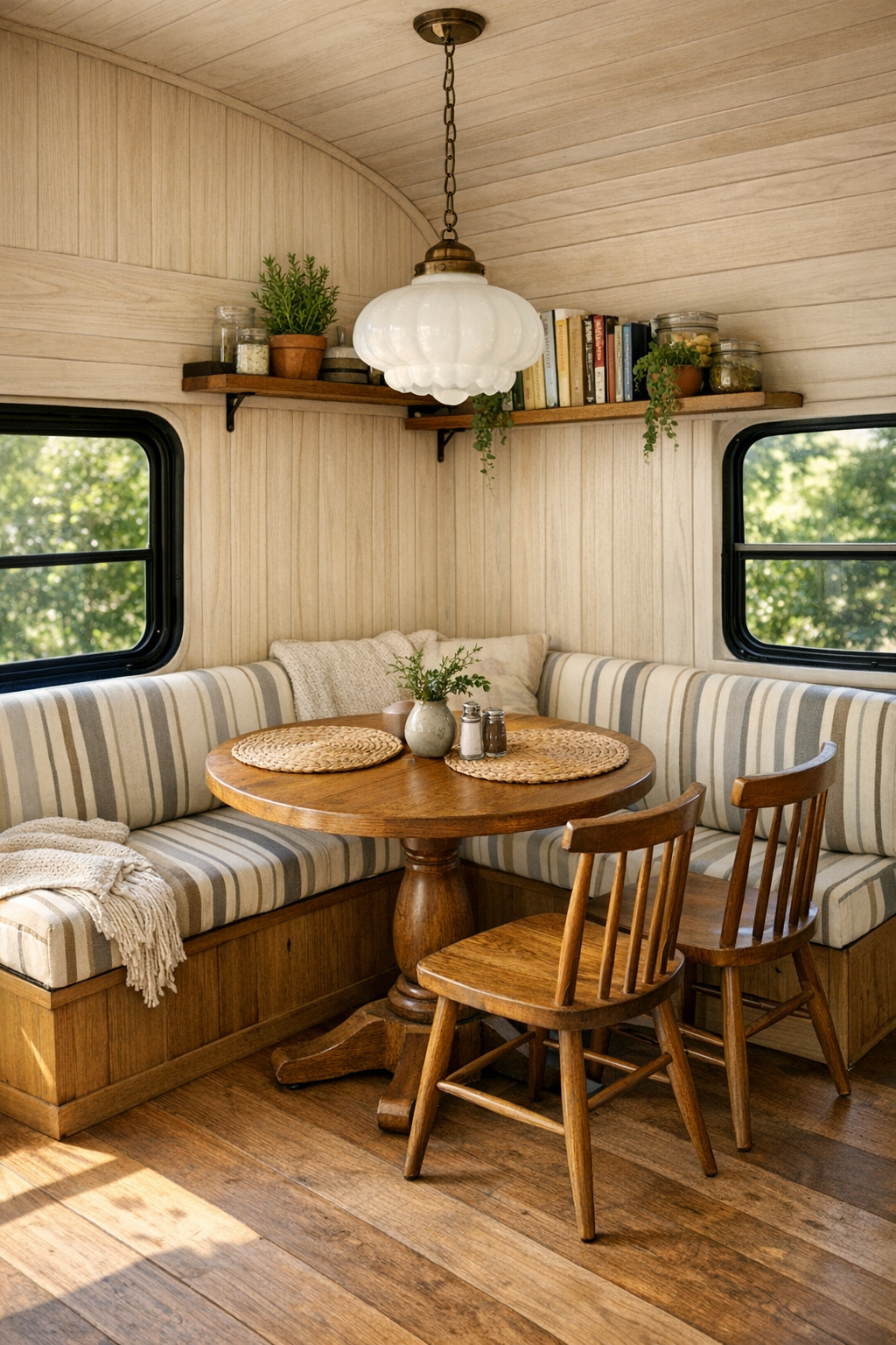 Warm dining nook inside a converted bus with banquette seating and a round wood table