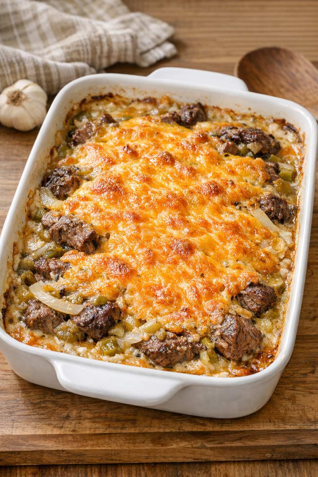 Finished baked beef and green chili casserole in a rustic casserole dish