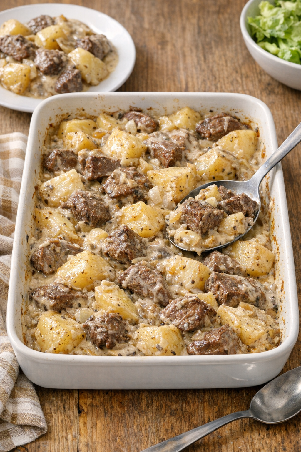 Finished baked beef ranch casserole in a baking dish