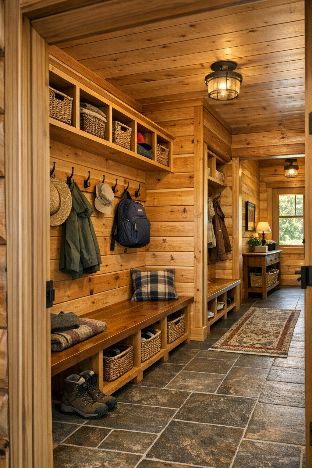 Functional mudroom and hallway with built-in storage in a cedar log home