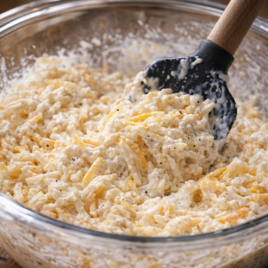 Potato, cheese, and cream mixture in mixing bowl