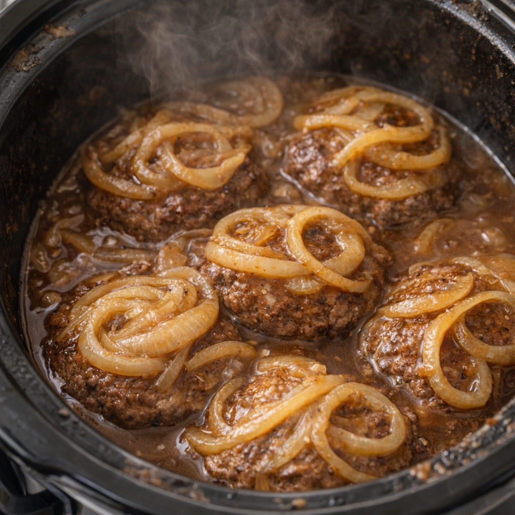 Cooked burger steaks in onion gravy inside slow cooker