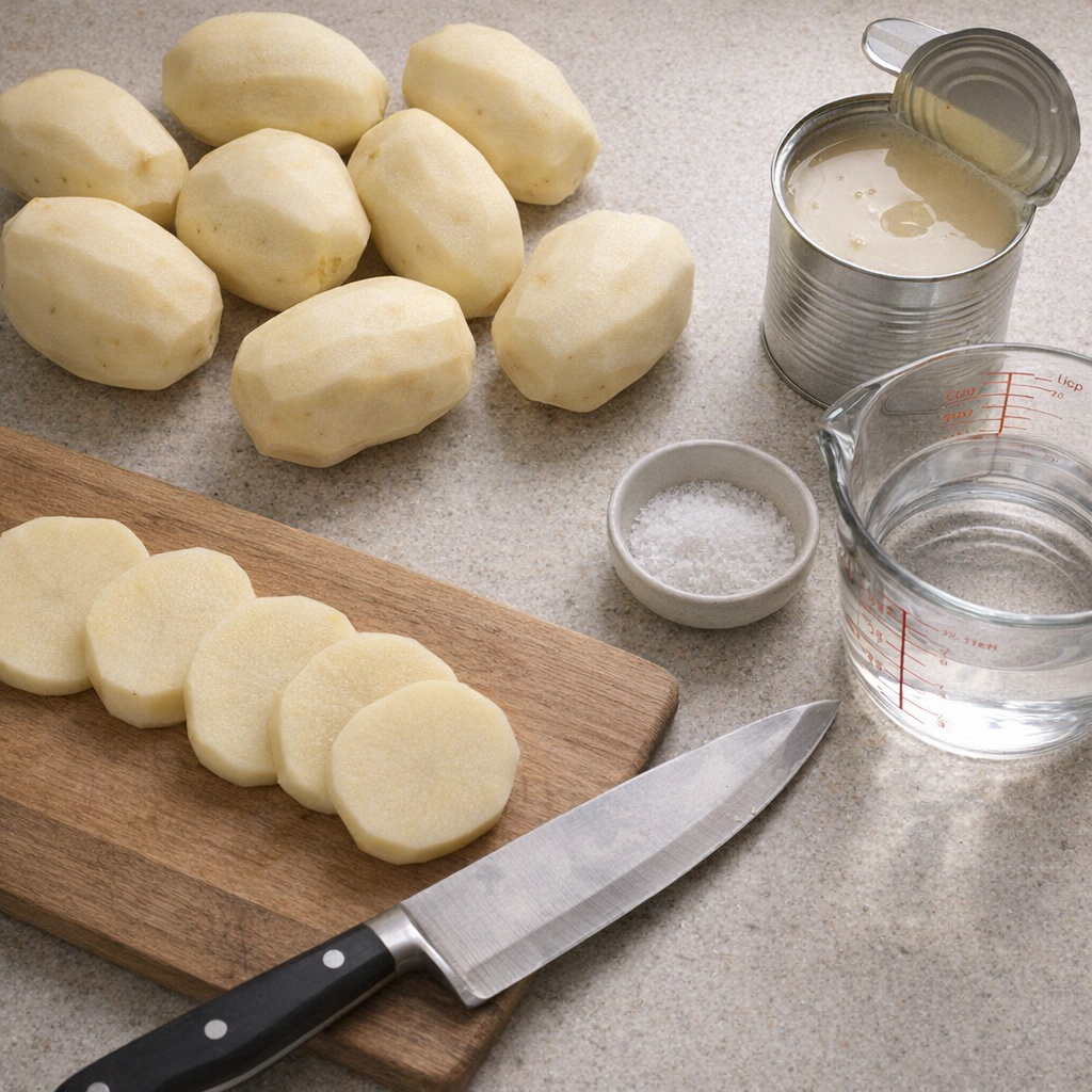 Sliced potatoes and a can of condensed milk on a kitchen counter