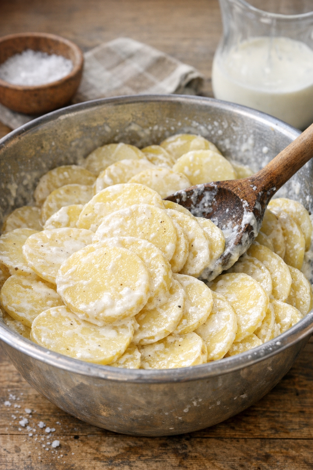Sliced potatoes tossed with cream and salt in a bowl