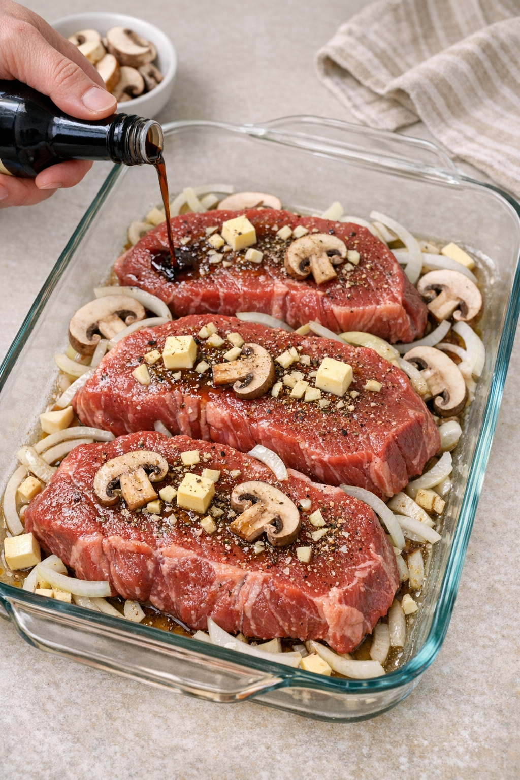 Raw sirloin steak arranged in a greased baking dish